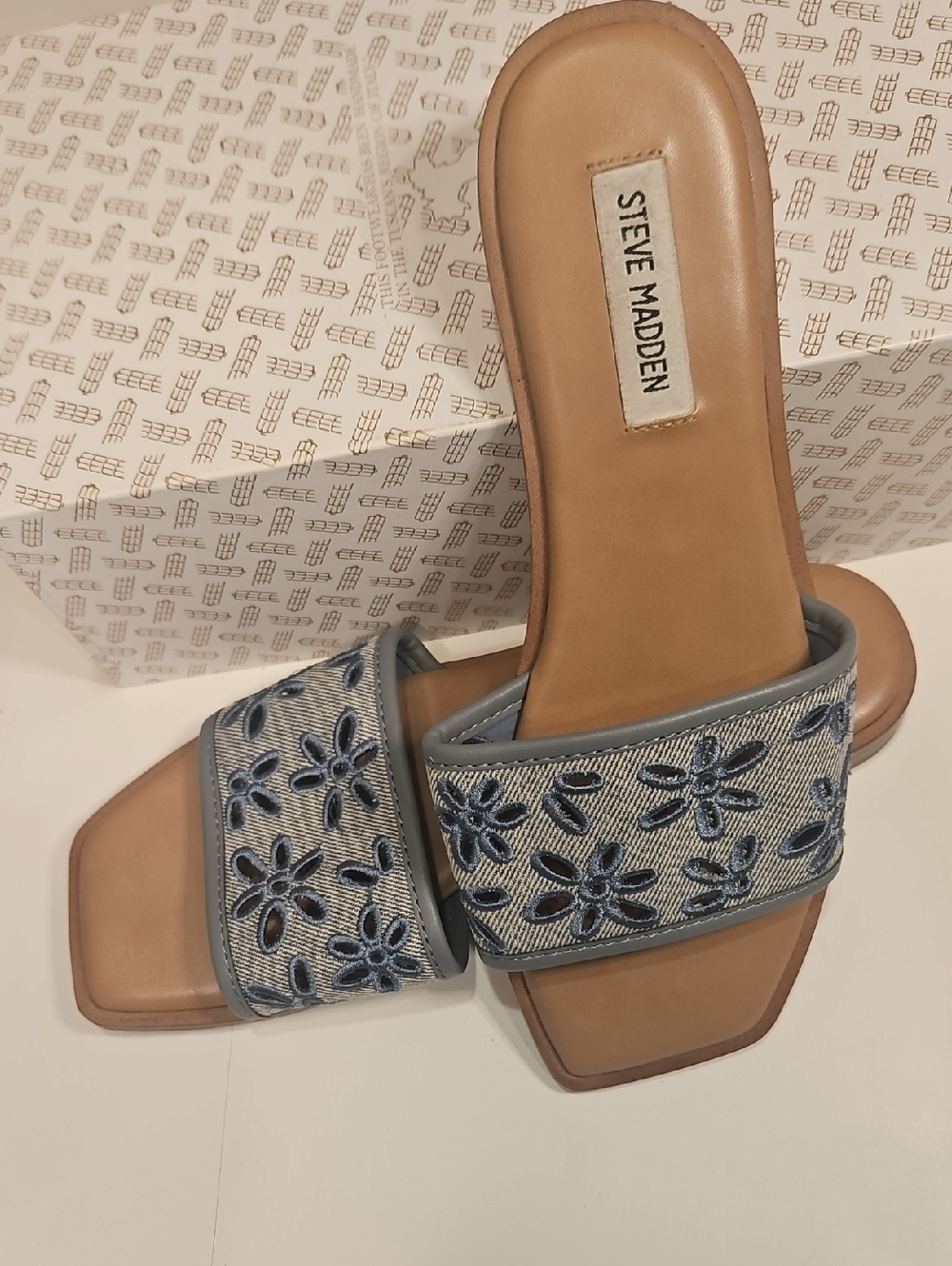 Steve Madden Denim Blue Floral Embroidered Slide Mules